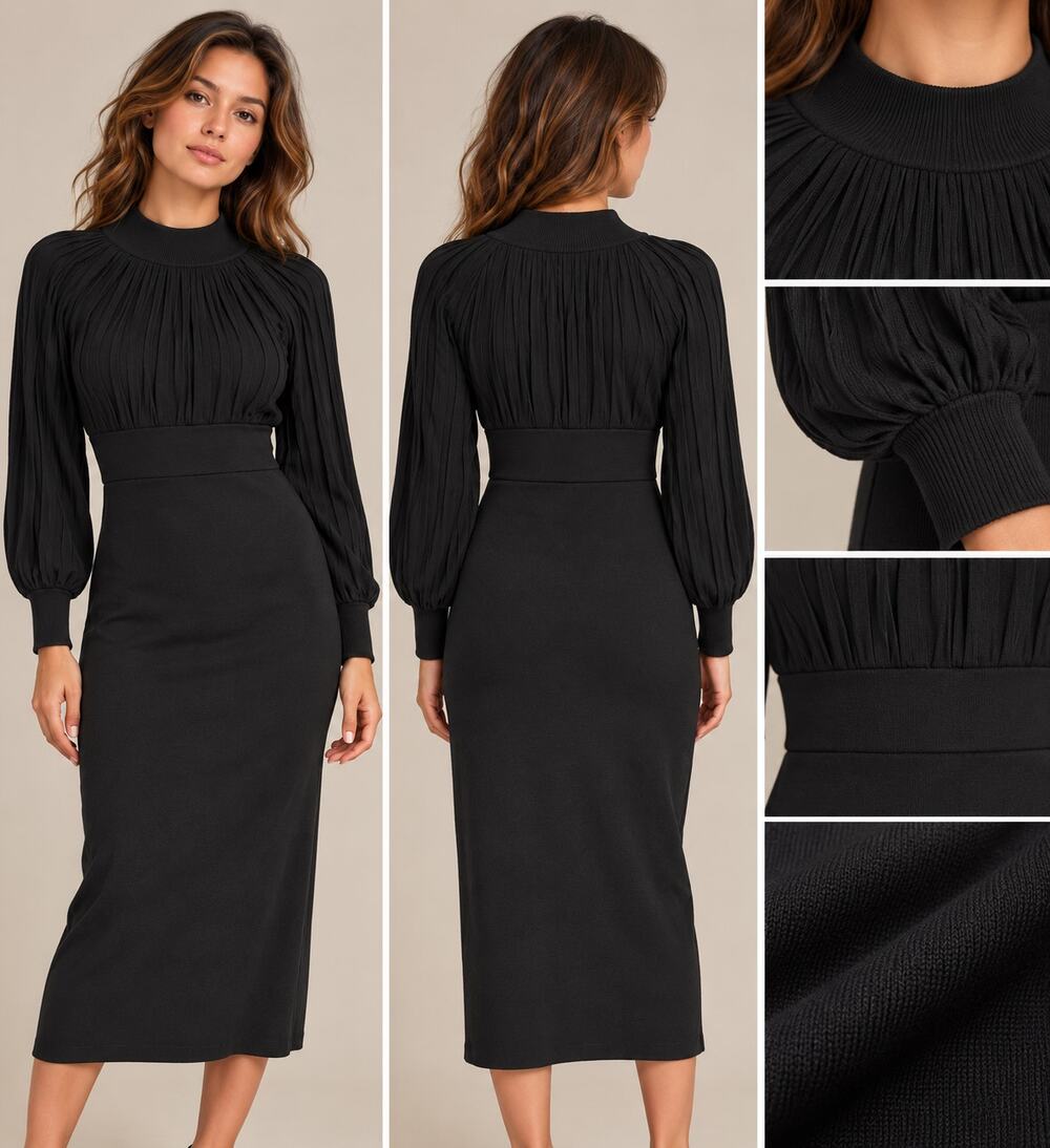 New York & Company Black Midi Dress M Pleated Mock Neck Balloon Sleeve Knit